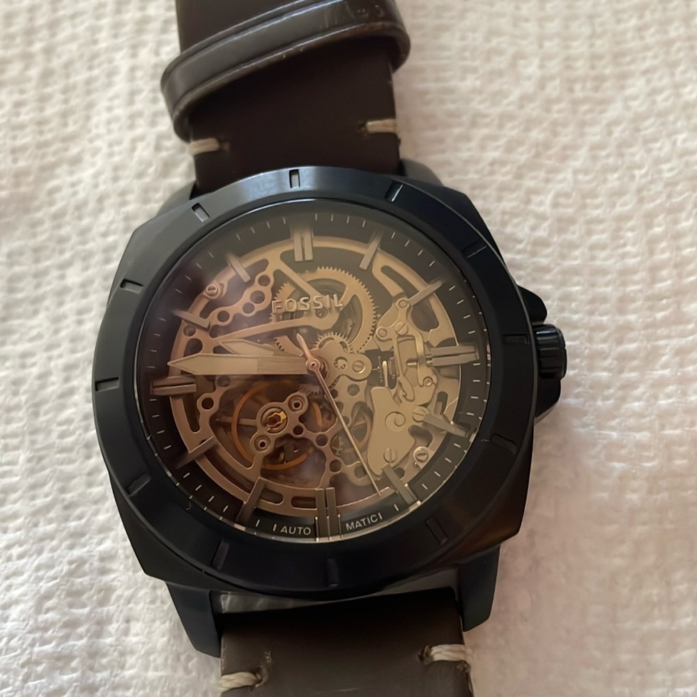 Fossil automatic watch black and gold with leather band